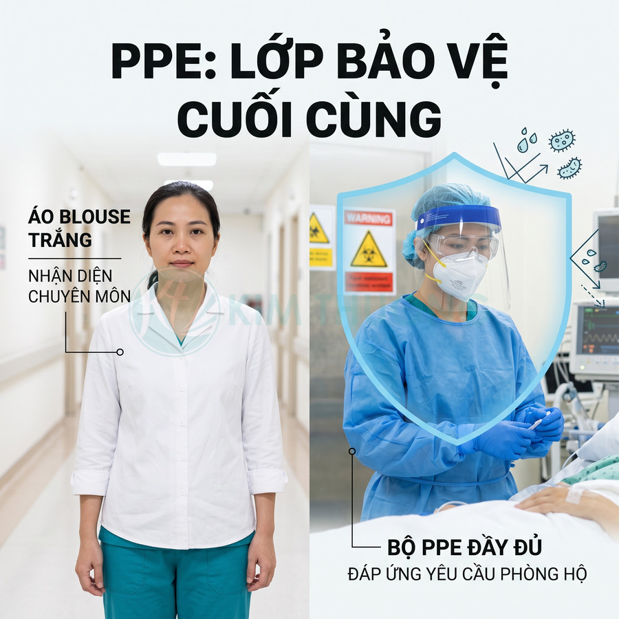 Nhân viên y tế mặc áo blouse trắng và bộ đồ bảo hộ PPE đầy đủ khi chăm sóc bệnh nhân trong bệnh viện