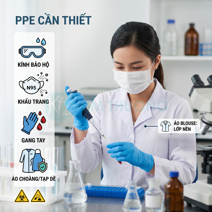 Nhân viên phòng thí nghiệm đeo khẩu trang N95, găng tay, áo blouse sử dụng micropipette lấy mẫu hóa chất