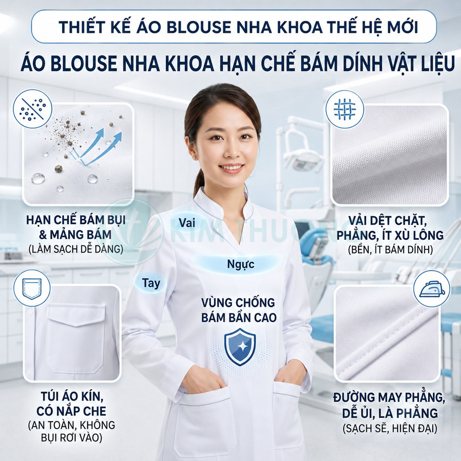 Áo blouse nha khoa trắng chống bám bẩn, vải dệt chặt ít xù lông, túi áo kín có nắp, đường may phẳng hiện đại