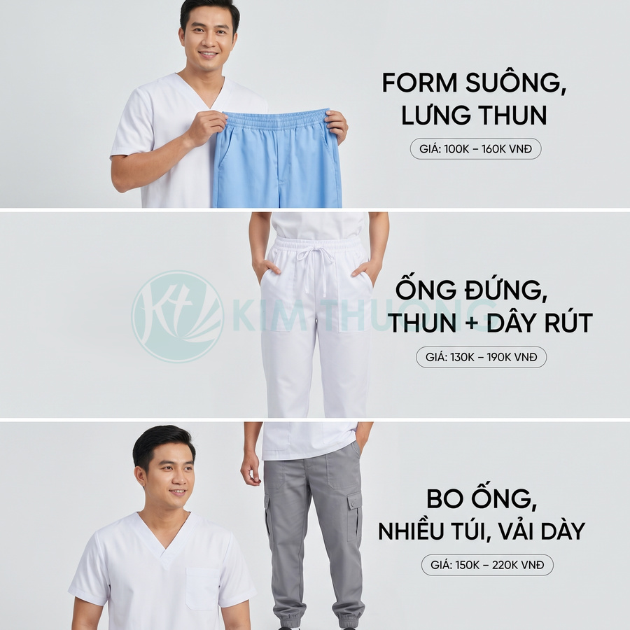 Quần đồng phục y tế nam nhiều kiểu dáng lưng thun ống suông ống đứng bo ống màu xanh trắng xám