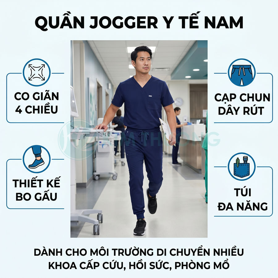 Quần jogger y tế nam màu xanh navy co giãn bốn chiều, cạp chun dây rút, thiết kế bo gấu và nhiều túi tiện dụng