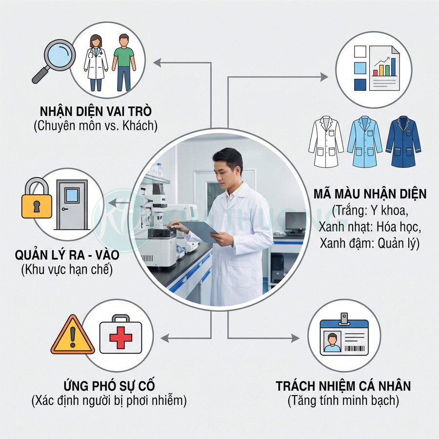 Nhân viên phòng thí nghiệm mặc áo blouse bên cạnh sơ đồ nhận diện vai trò, mã màu và quản lý an toàn лаборатория