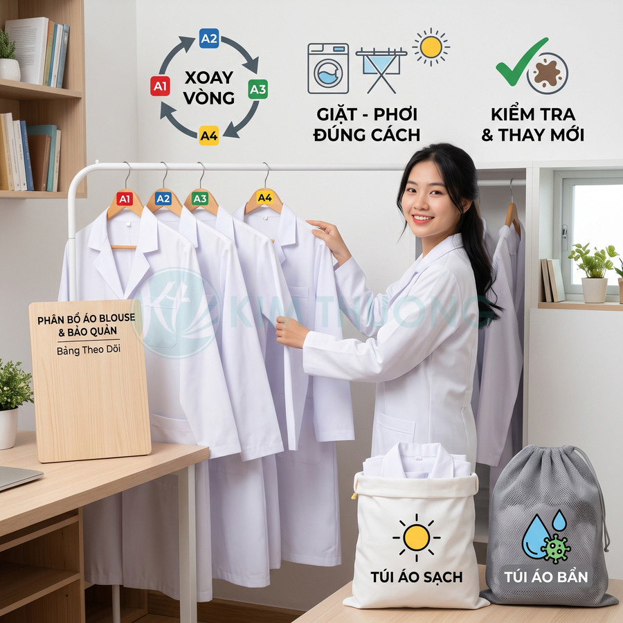 Nhân viên y tế sắp xếp áo blouse trắng trên giá treo, cạnh túi áo sạch và túi áo bẩn để phân loại giặt giữ