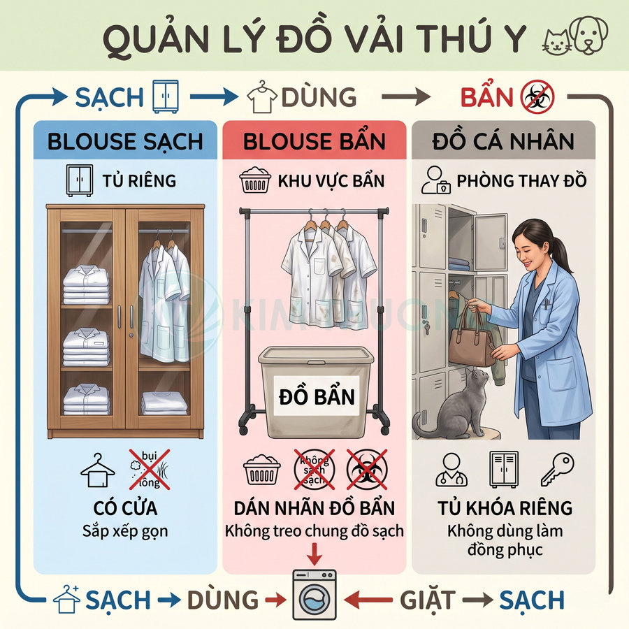 Hướng dẫn quản lý áo blouse thú y sạch bẩn và đồ cá nhân trong phòng khám thú y