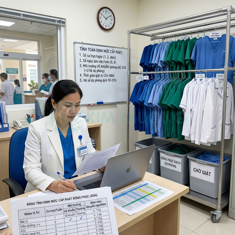 Nhân viên y tế quản lý cấp phát đồng phục bệnh viện với giá treo áo blouse và scrub nhiều màu trong phòng làm việc