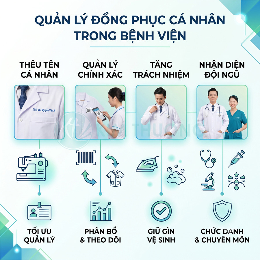 Đồng phục y tá bác sĩ bệnh viện thêu tên cá nhân giúp quản lý chính xác, tăng trách nhiệm và nhận diện đội ngũ