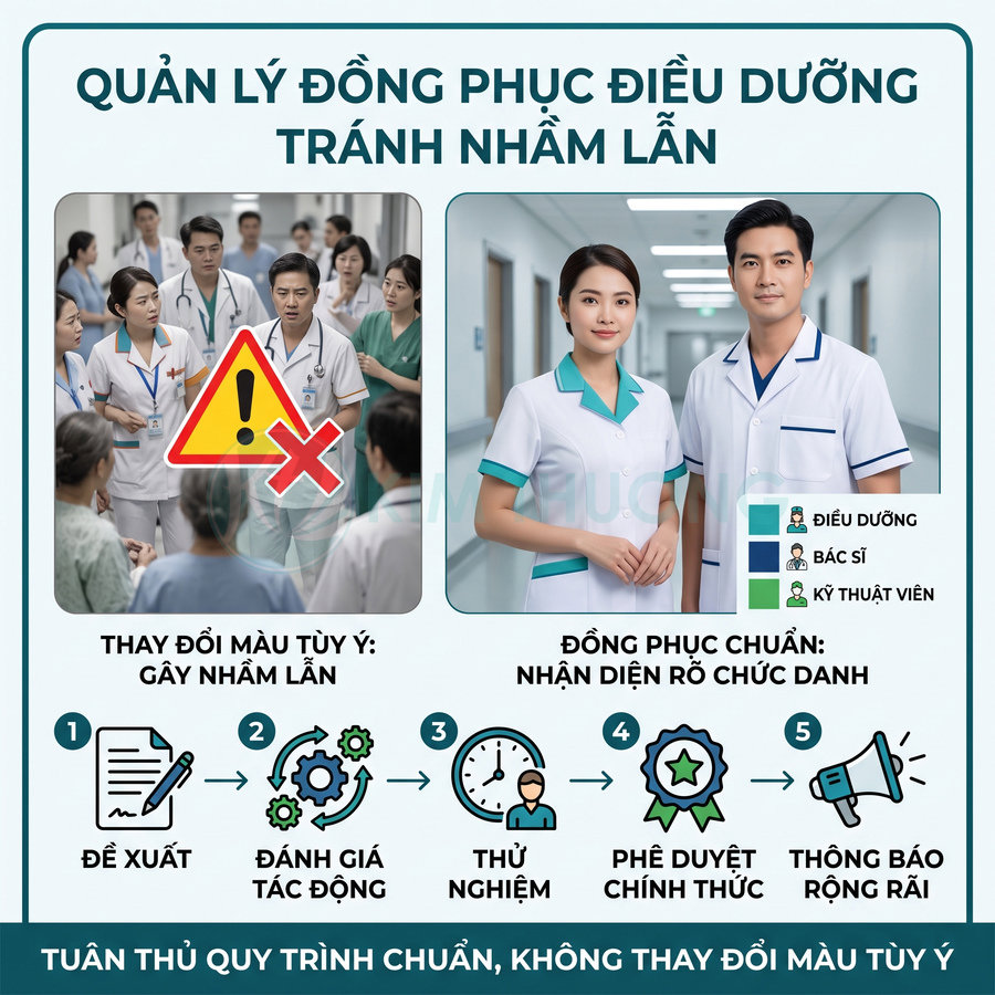 Đồng phục điều dưỡng bệnh viện màu trắng viền xanh giúp nhận diện rõ chức danh nhân viên y tế