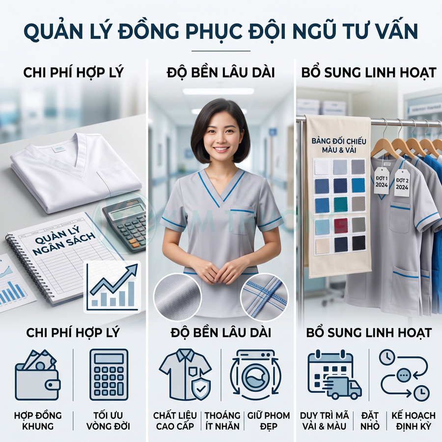 Đồng phục nhân viên tư vấn màu xám viền xanh, chất liệu bền đẹp, treo trên móc kèm bảng mẫu màu vải và tài liệu quản lý chi phí
