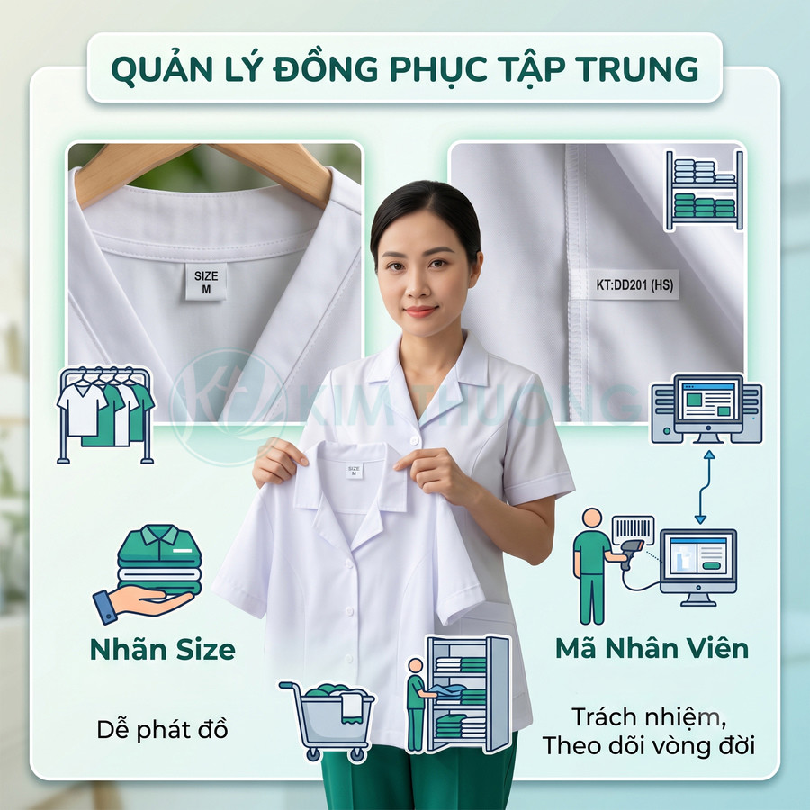 Nhân viên nữ cầm áo đồng phục trắng có nhãn size và mã nhân viên, minh họa giải pháp quản lý đồng phục tập trung