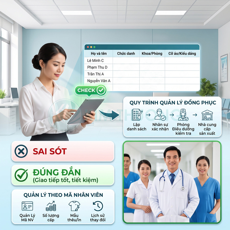 Nhân viên y tế dùng máy tính bảng quản lý đồng phục bệnh viện, hiển thị quy trình và danh sách nhân viên trên màn hình