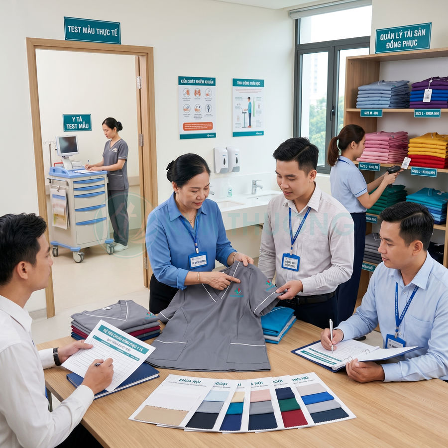 Nhân viên bệnh viện trao đổi lựa chọn mẫu đồng phục y tế màu xám cùng bảng màu vải trên bàn