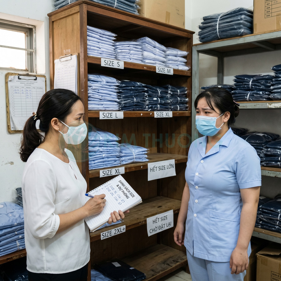 Nhân viên kho kiểm kê đồng phục y tế gấp gọn theo từng size trên kệ gỗ