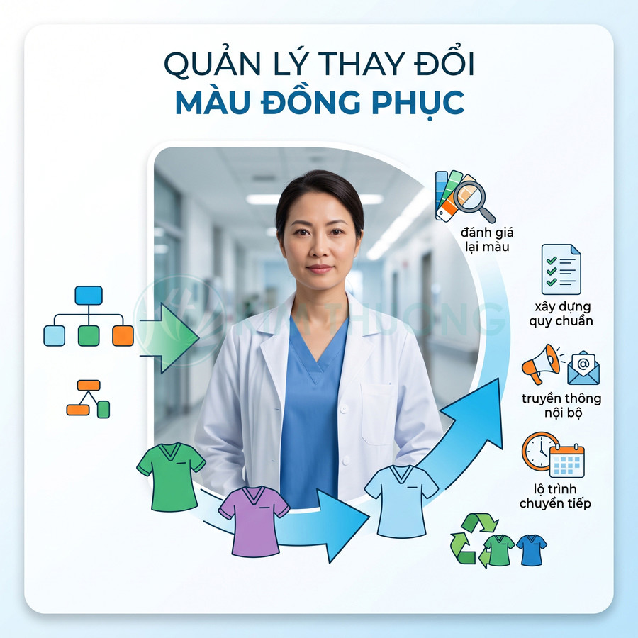 Bác sĩ mặc áo blouse trắng và đồng phục y tế xanh, minh họa quy trình thay đổi màu đồng phục bệnh viện