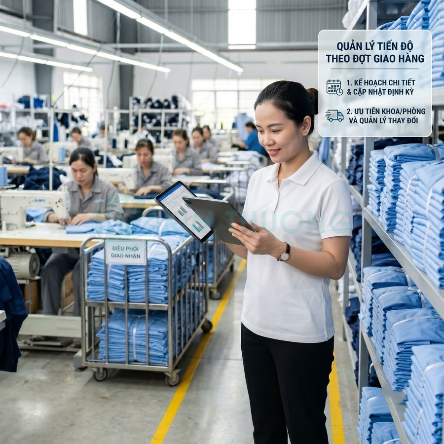Quản lý kho xưởng may mặc kiểm tra tiến độ giao hàng trên máy tính bảng giữa kệ đồng phục gấp gọn