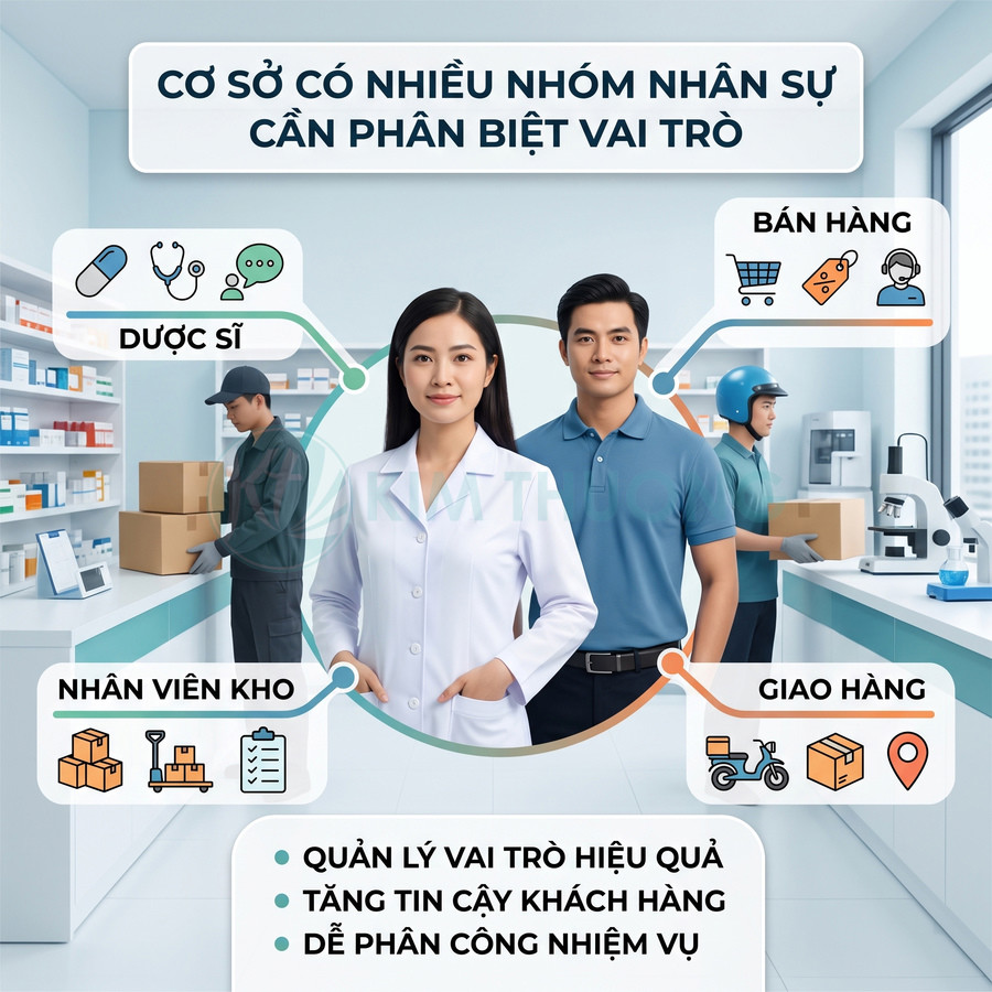 Minh họa các nhóm nhân sự nhà thuốc gồm dược sĩ, nhân viên bán hàng, nhân viên kho và giao hàng trong không gian hiện đại