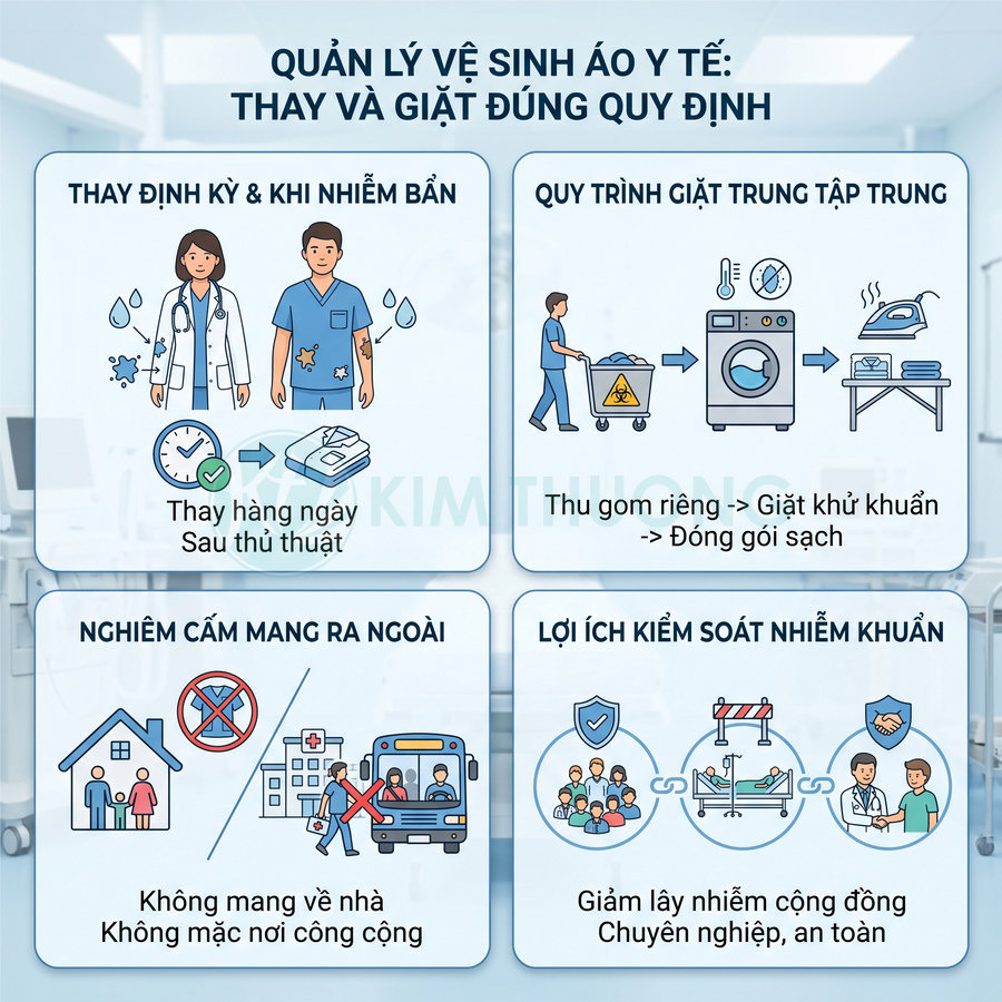 Hướng dẫn thay và giặt áo y tế đúng quy định để kiểm soát nhiễm khuẩn, không mang về nhà hoặc mặc nơi công cộng