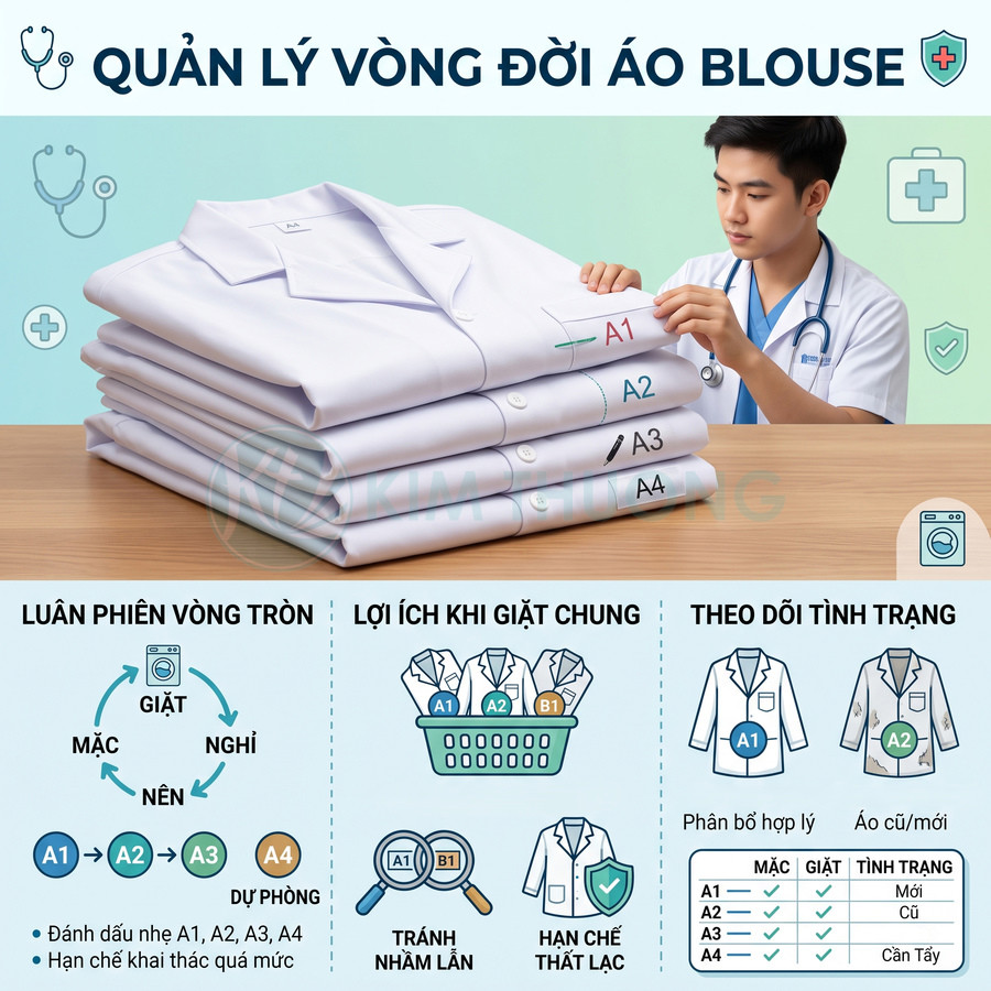 Bác sĩ sắp xếp chồng áo blouse trắng được đánh dấu A1 A2 A3 A4 để quản lý luân phiên khi mặc và giặt