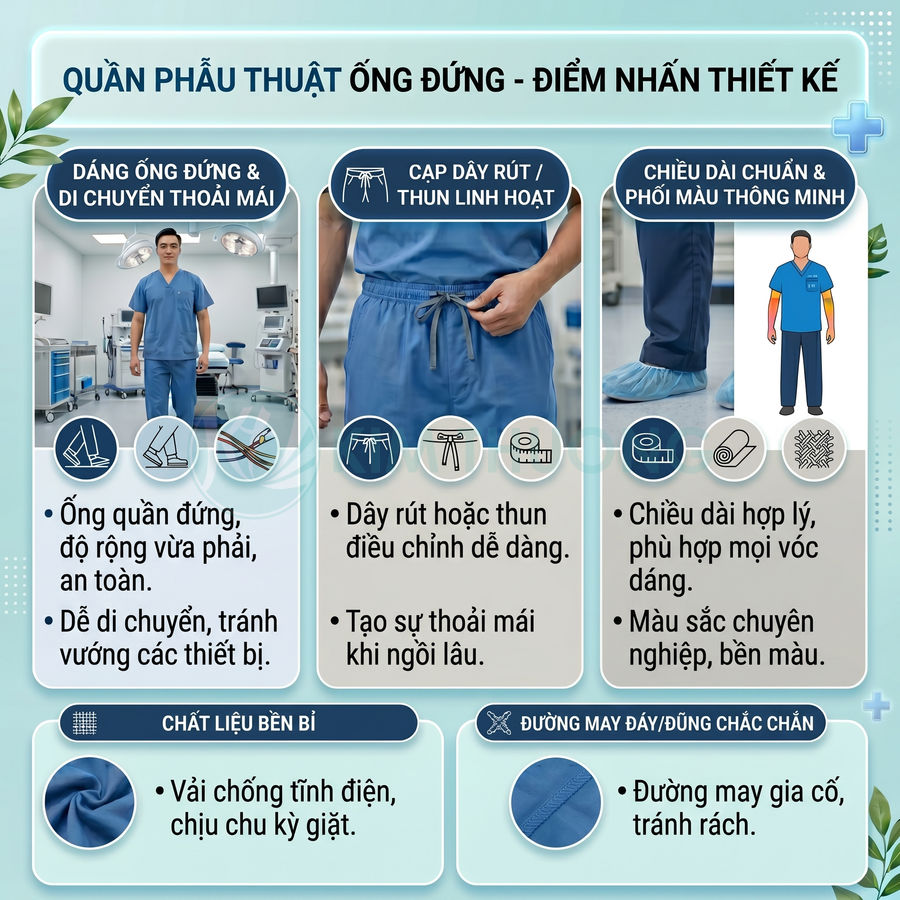 Quần phẫu thuật ống đứng màu xanh cho bác sĩ, chất liệu bền, dây rút linh hoạt, chiều dài vừa vặn, đường may chắc chắn
