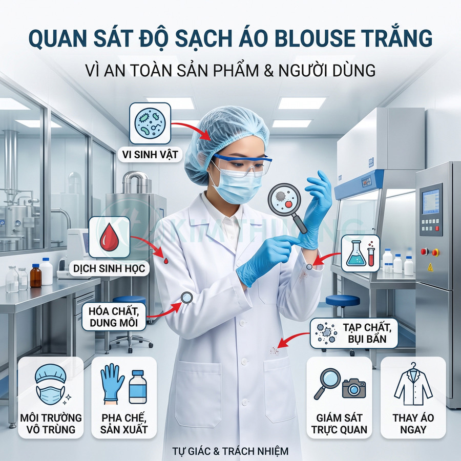 Nhân viên phòng thí nghiệm mặc áo blouse trắng, khẩu trang, găng tay, kiểm tra độ sạch áo trong môi trường vô trùng
