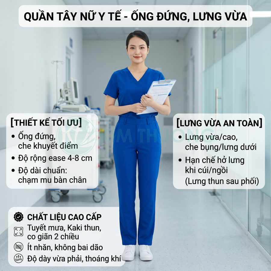 Quần tây nữ y tế ống đứng lưng vừa màu xanh dương, chất liệu co giãn, nhân viên y tế đứng trong bệnh viện