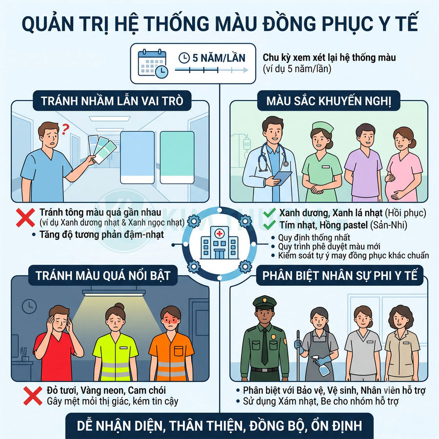 Infographic hướng dẫn quản trị hệ thống màu đồng phục y tế, nêu màu khuyến nghị và màu cần tránh