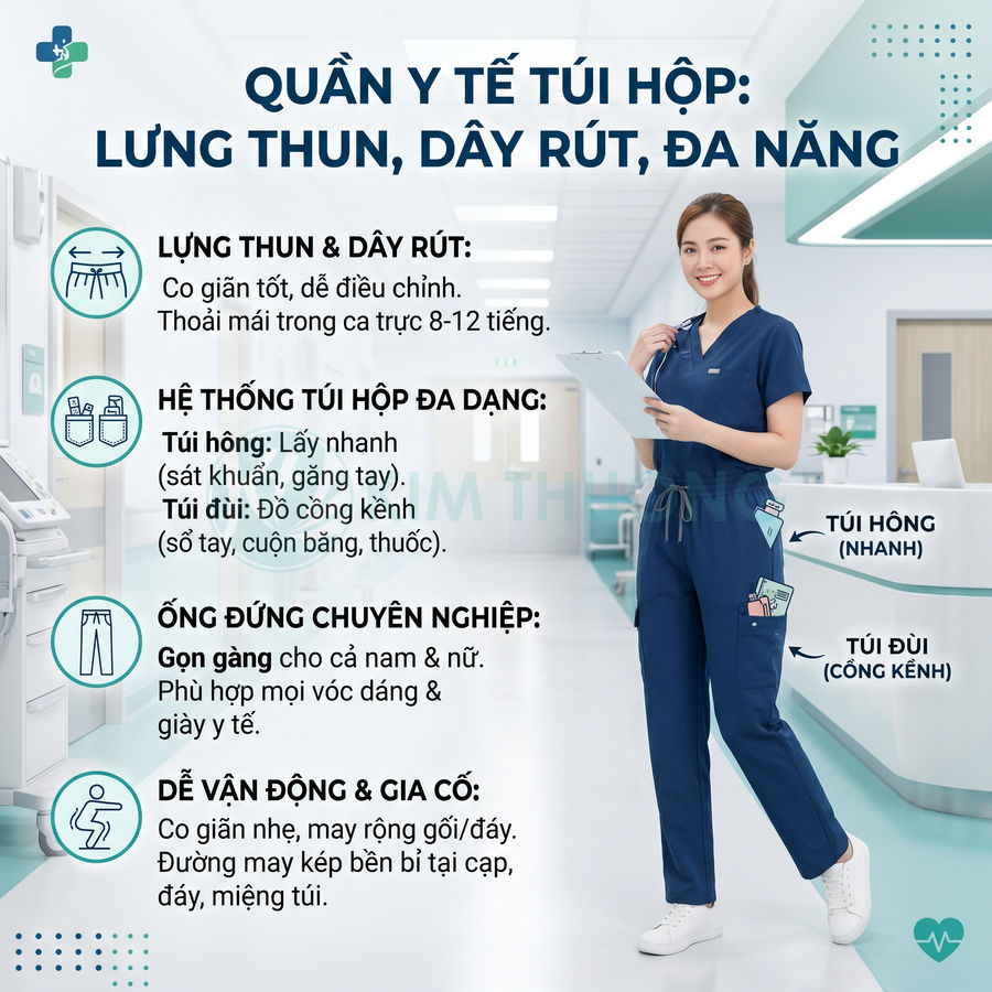 Quần y tế túi hộp lưng thun dây rút màu xanh navy cho nhân viên y tế nữ trong bệnh viện hiện đại