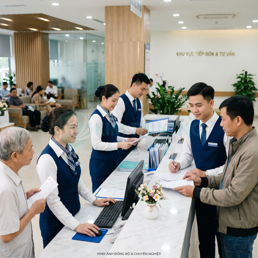 Nhân viên lễ tân bệnh viện hỗ trợ bệnh nhân làm thủ tục tại quầy tiếp đón hiện đại