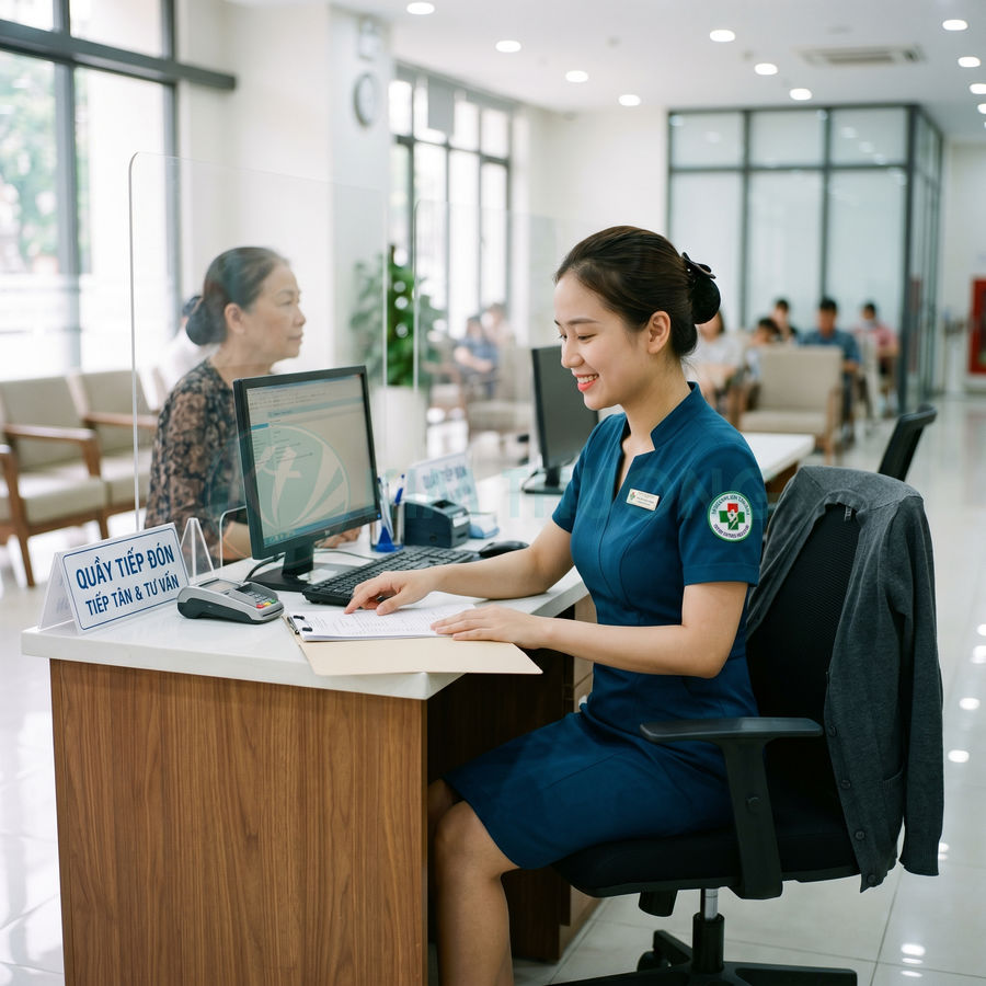 Nhân viên lễ tân bệnh viện tư vấn bệnh nhân tại quầy tiếp đón với máy tính và hồ sơ bệnh án