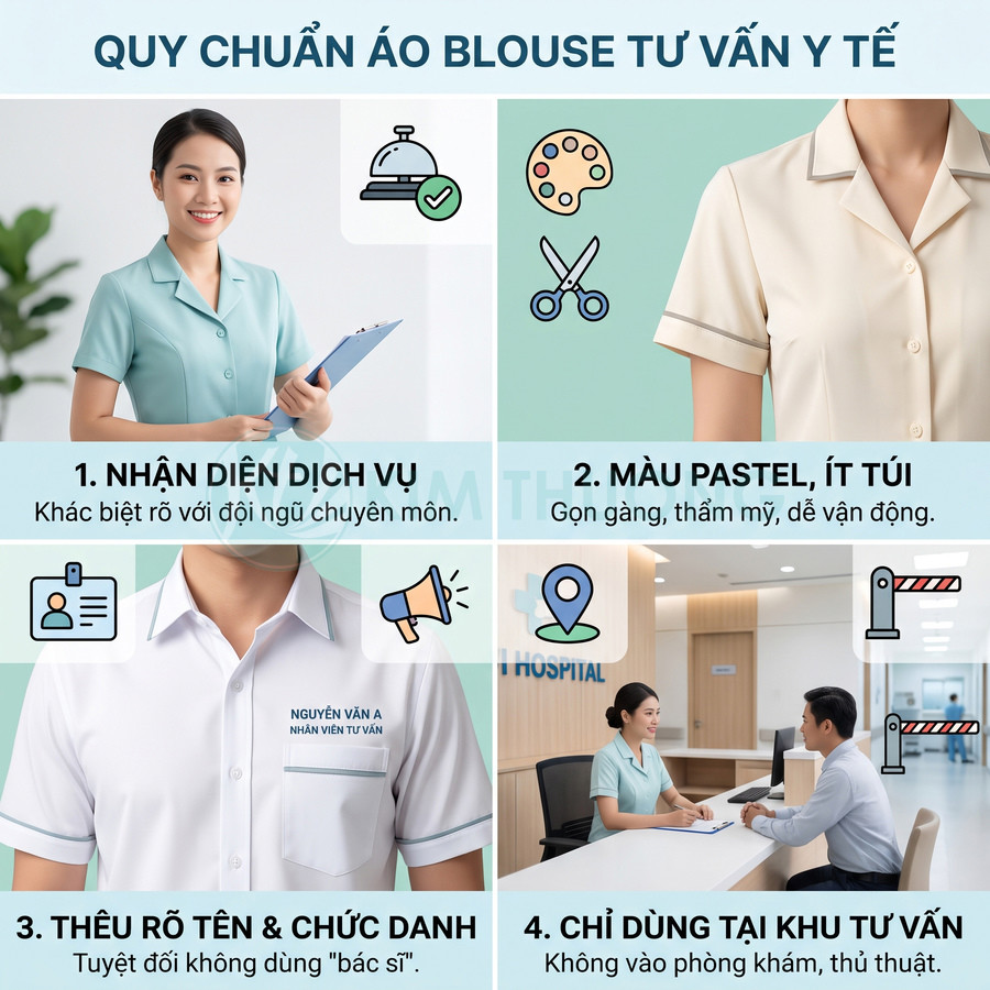 Mẫu áo blouse tư vấn y tế màu pastel, tay ngắn, cổ bẻ, thêu rõ tên và chức danh nhân viên