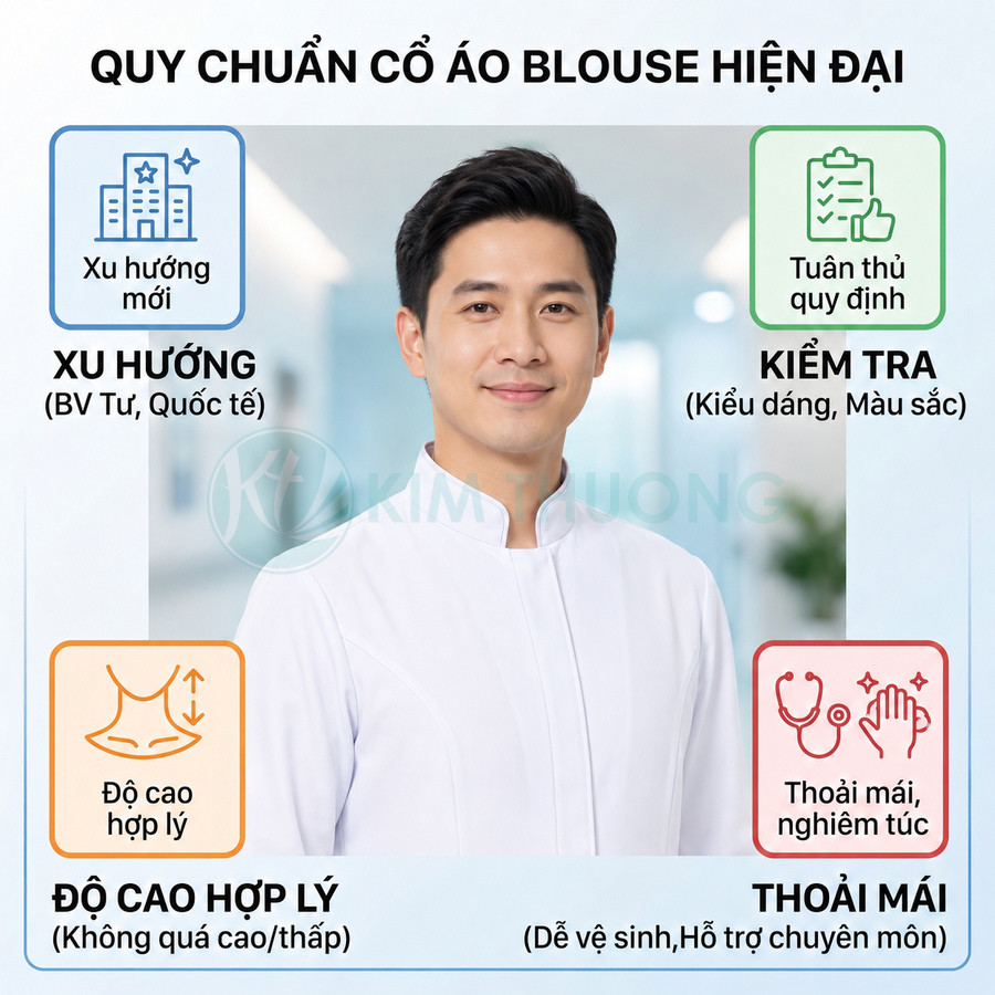 Bác sĩ nam mặc áo blouse cổ đứng hiện đại màu trắng, thiết kế đơn giản, tạo cảm giác chuyên nghiệp và thoải mái