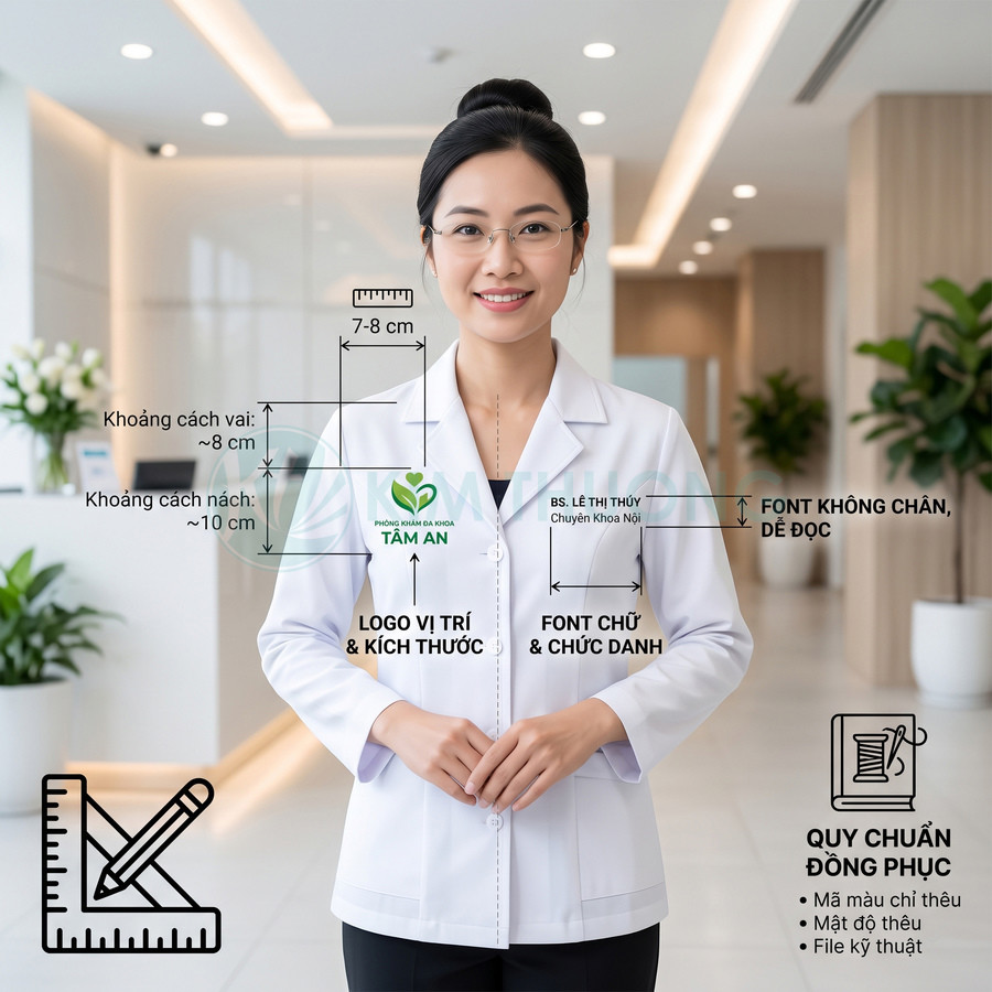 Bác sĩ nữ mặc áo blouse trắng phòng khám đa khoa Tâm An với hướng dẫn vị trí logo và chữ thêu trên đồng phục