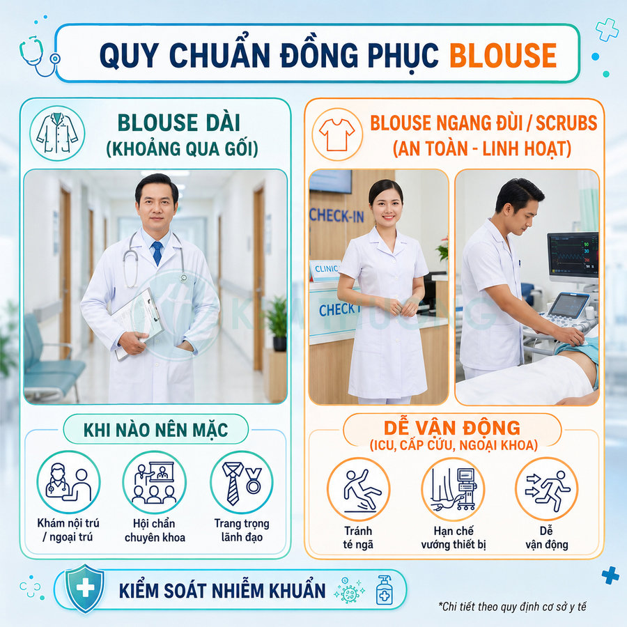 Quy chuẩn đồng phục blouse y tế với bác sĩ mặc blouse dài và nhân viên y tế mặc blouse ngang đùi trong bệnh viện