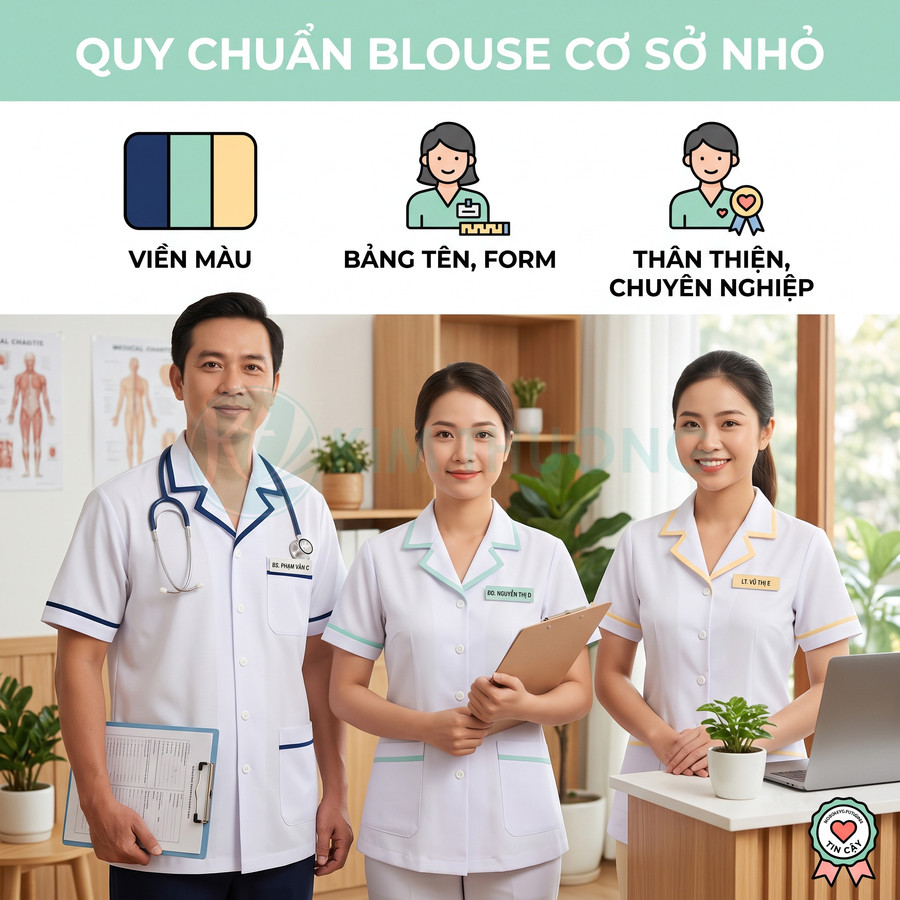 Bộ đồng phục blouse y tá bác sĩ màu trắng viền màu cho phòng khám nhỏ, thiết kế chuyên nghiệp thân thiện