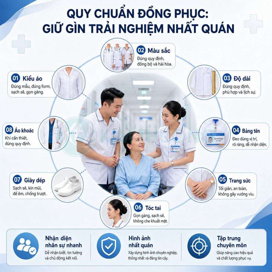 Quy chuẩn đồng phục y tá bác sĩ với áo blouse trắng, bảng tên, giày dép sạch sẽ chăm sóc bệnh nhân