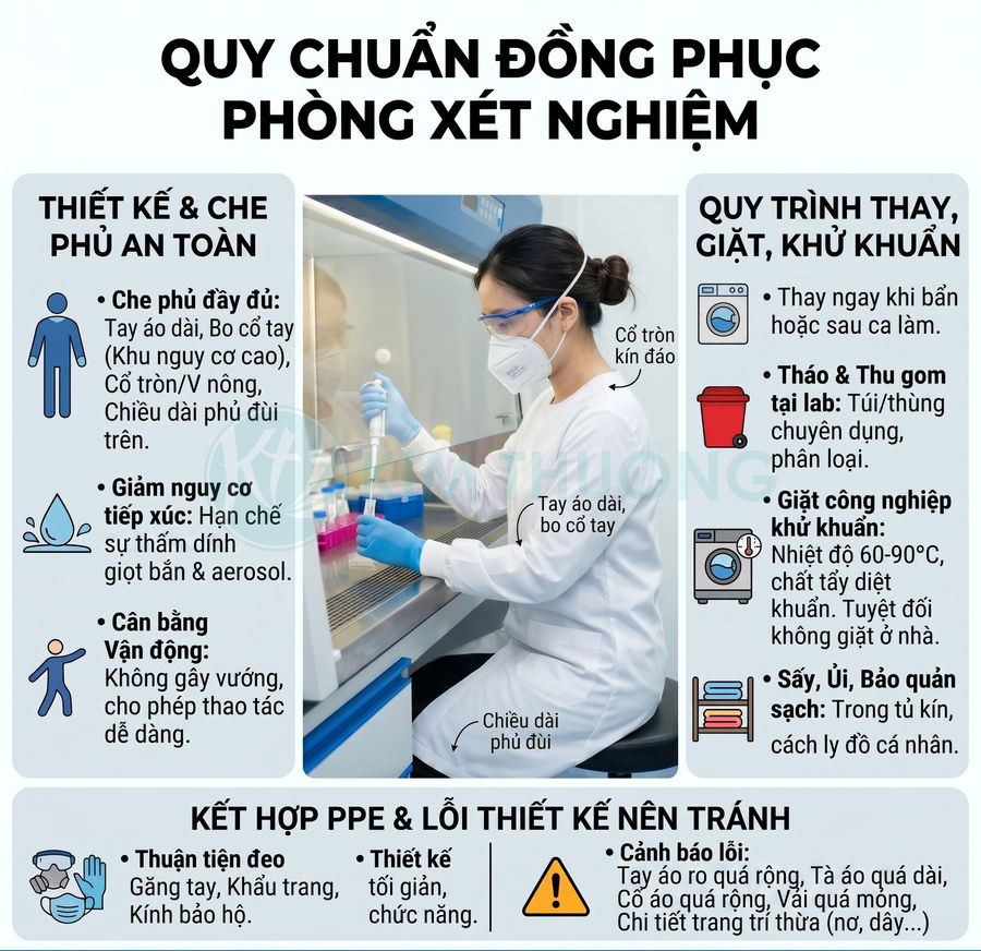 Nhân viên phòng xét nghiệm mặc áo choàng trắng, khẩu trang, kính bảo hộ và găng tay làm việc tại tủ an toàn sinh học