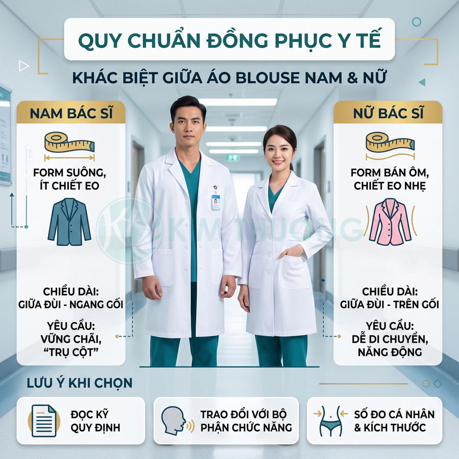 Đồng phục áo blouse bác sĩ nam nữ màu trắng, form dáng khác nhau, mặc cùng đồ phẫu thuật xanh trong bệnh viện