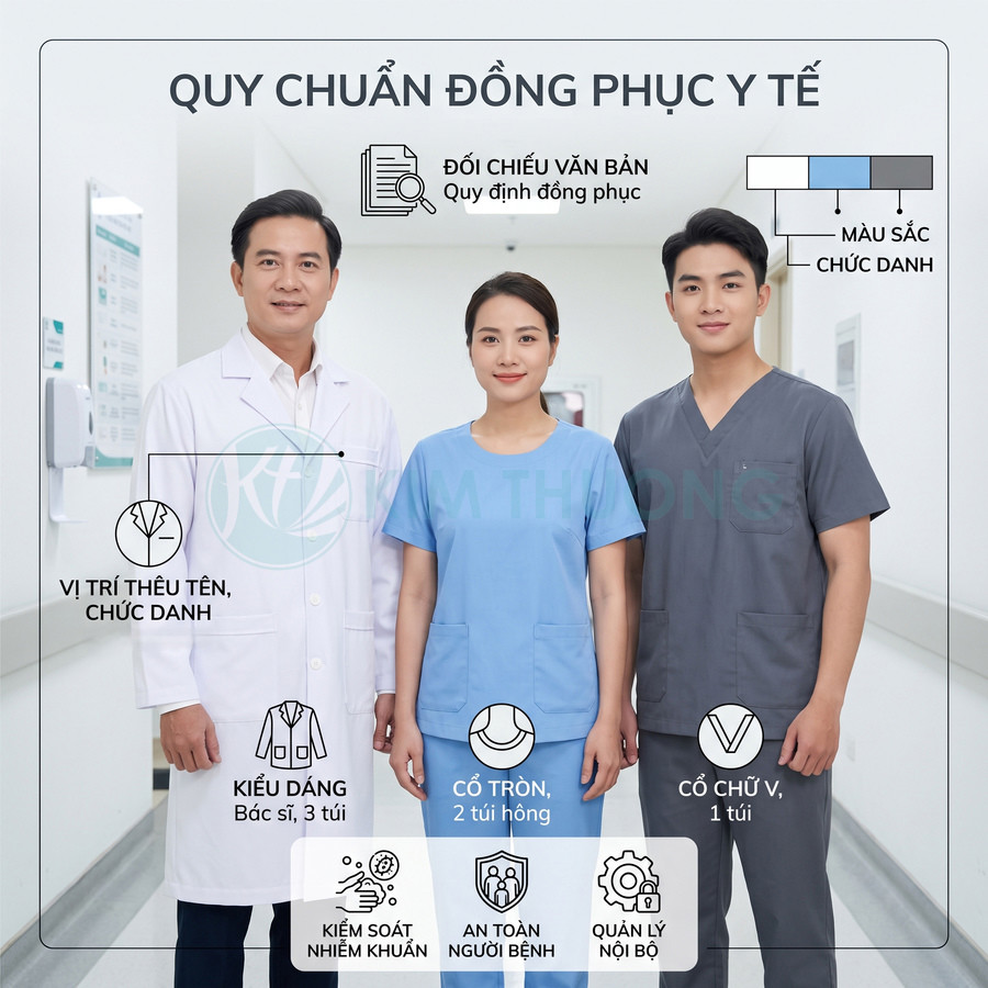 Bộ đồng phục y tế gồm áo blouse bác sĩ trắng và đồ scrub xanh dương xám cho nhân viên bệnh viện