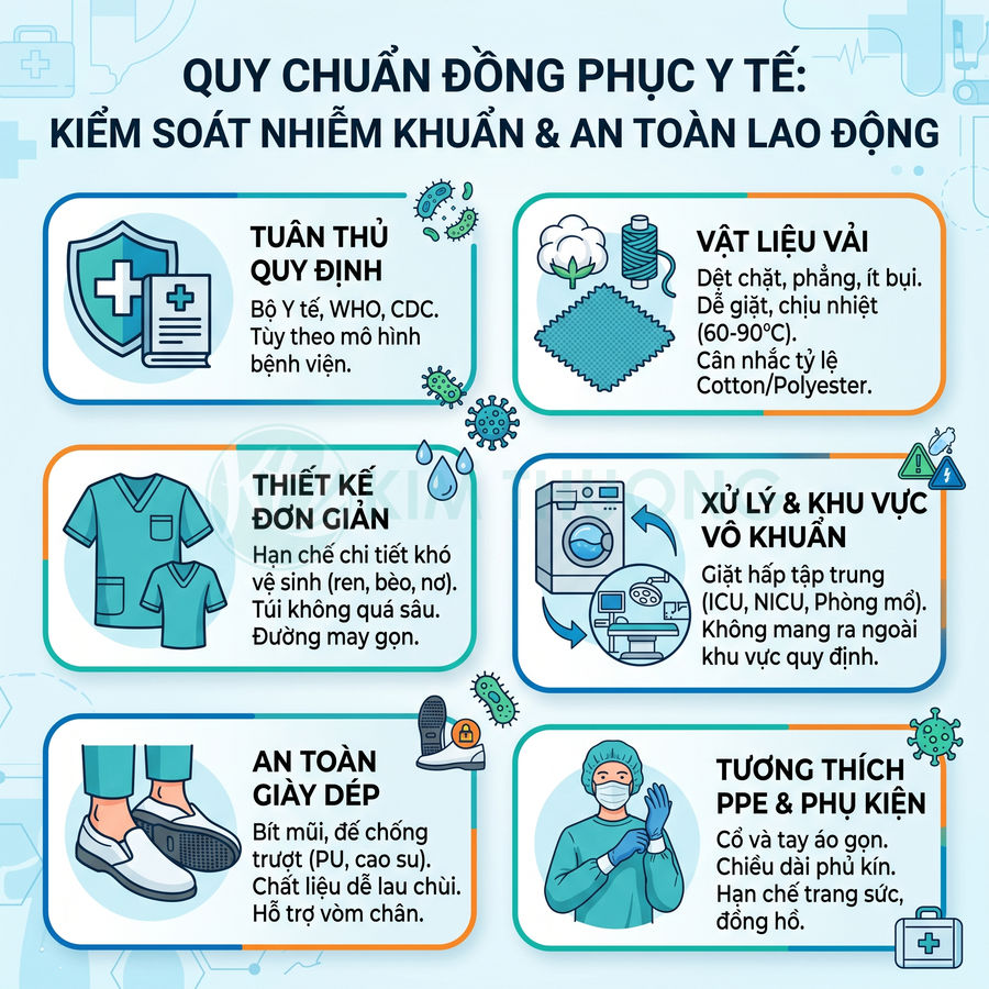 Quy chuẩn đồng phục y tế kiểm soát nhiễm khuẩn an toàn lao động với áo quần, giày dép và PPE cho nhân viên y tế