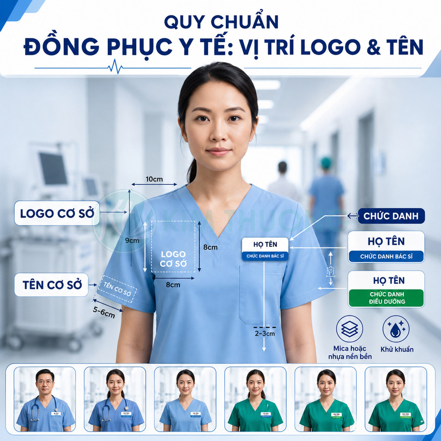 Quy chuẩn vị trí logo và bảng tên trên đồng phục y tế màu xanh cho bác sĩ và điều dưỡng