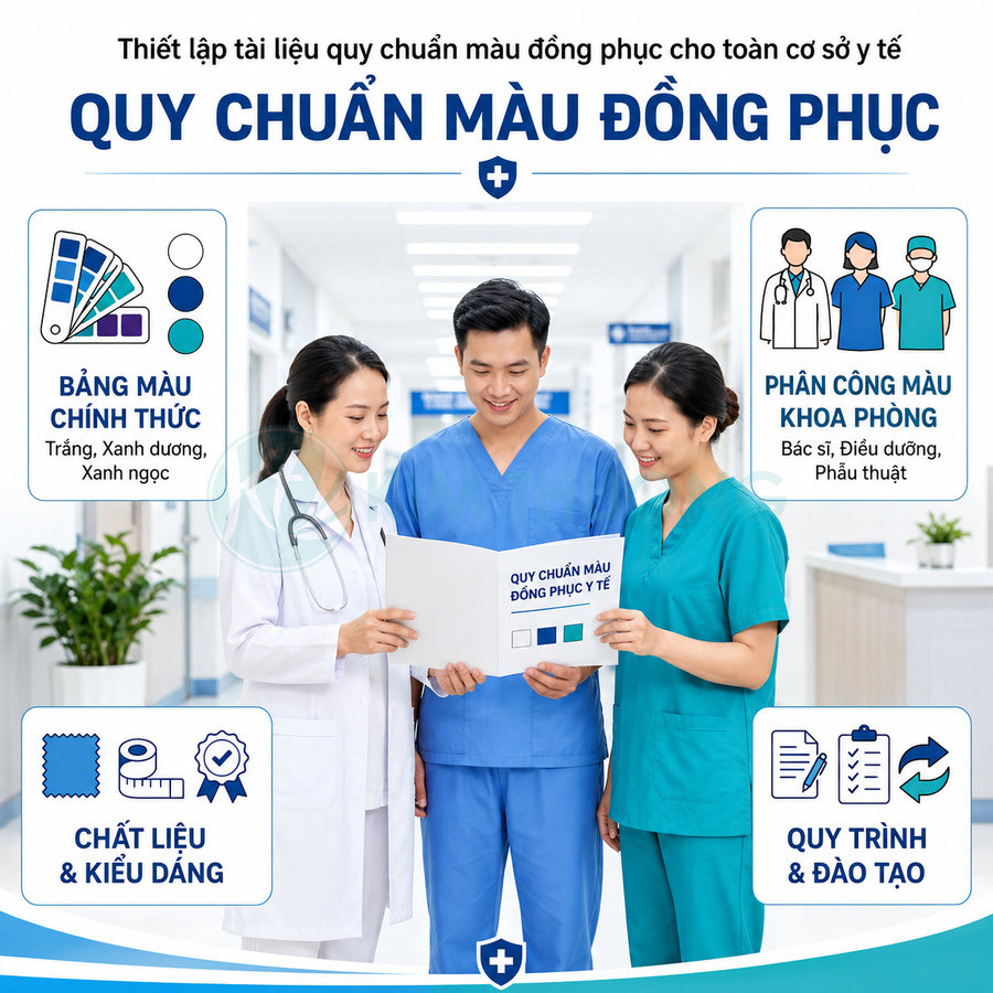 Nhân viên y tế mặc đồng phục trắng và xanh trao đổi tài liệu quy chuẩn màu đồng phục trong bệnh viện
