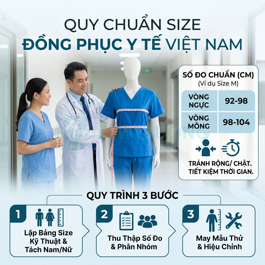 Bác sĩ đo size đồng phục y tế màu xanh trên ma nơ canh, hướng dẫn quy chuẩn kích thước vòng ngực và vòng mông