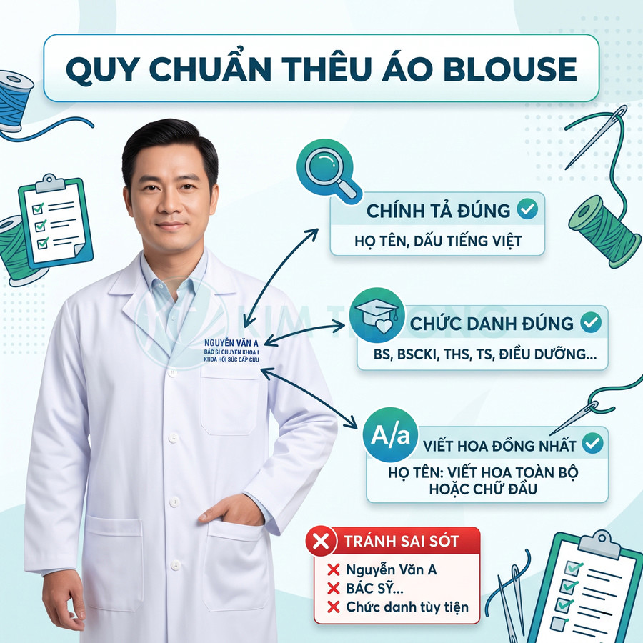 Bác sĩ mặc áo blouse trắng thêu tên và chức danh chuẩn, minh họa quy chuẩn thêu áo blouse y tế