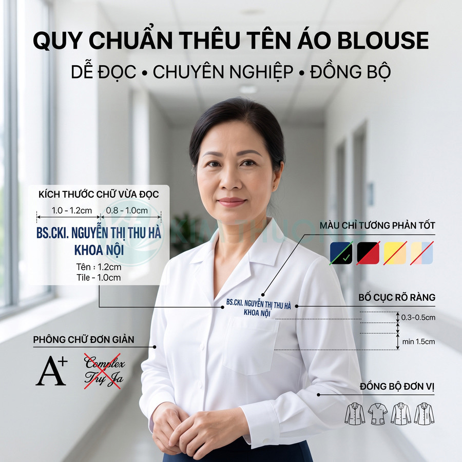 Quy chuẩn thêu tên trên áo blouse trắng cho bác sĩ nữ, chữ rõ ràng, màu chỉ tương phản, bố cục chuyên nghiệp