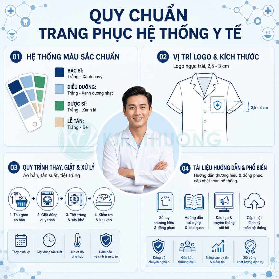 Quy chuẩn đồng phục y tế với nam nhân viên mặc áo blouse trắng và hướng dẫn màu sắc, logo, quy trình giặt ủi
