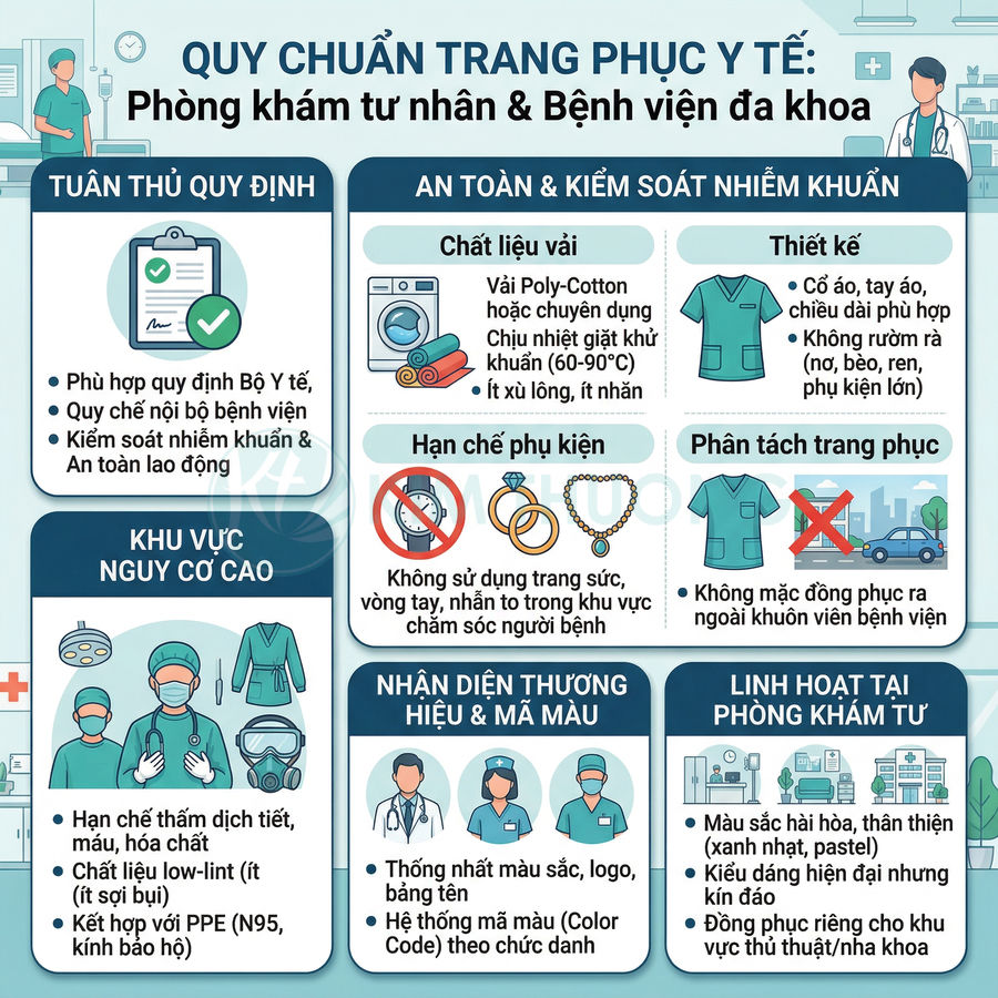 Infographic quy chuẩn trang phục y tế cho phòng khám tư nhân và bệnh viện đa khoa, nhấn mạnh an toàn kiểm soát nhiễm khuẩn