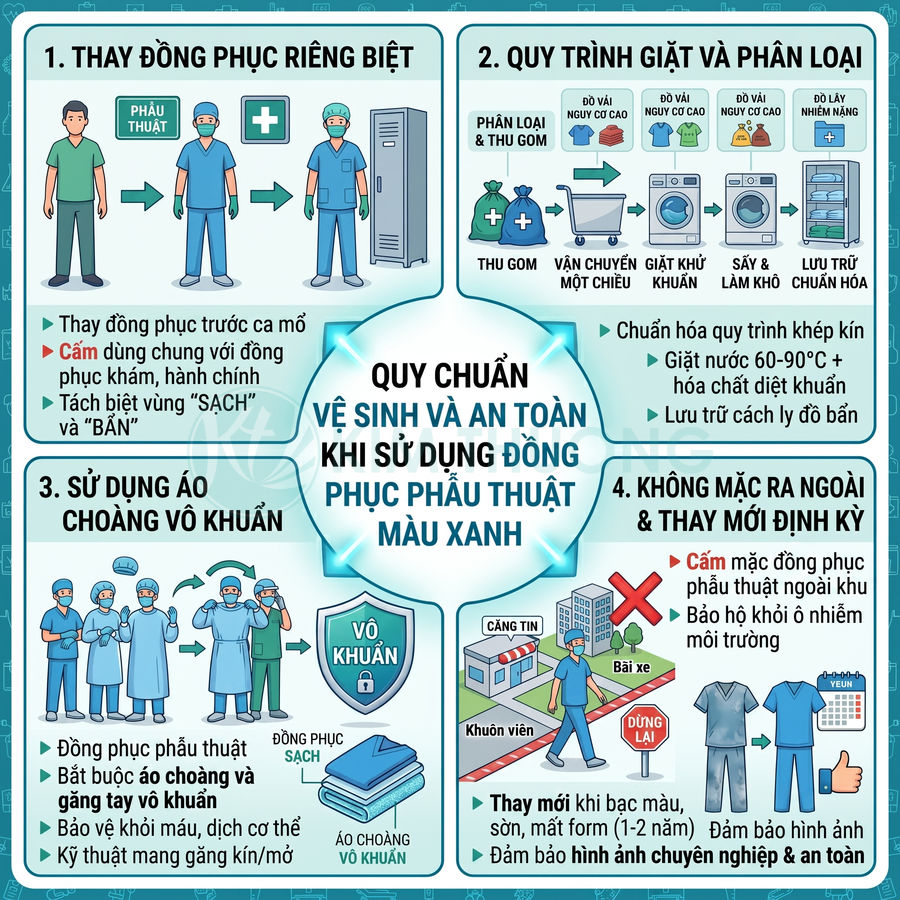 Quy chuẩn vệ sinh an toàn khi sử dụng đồng phục phẫu thuật màu xanh trong bệnh viện