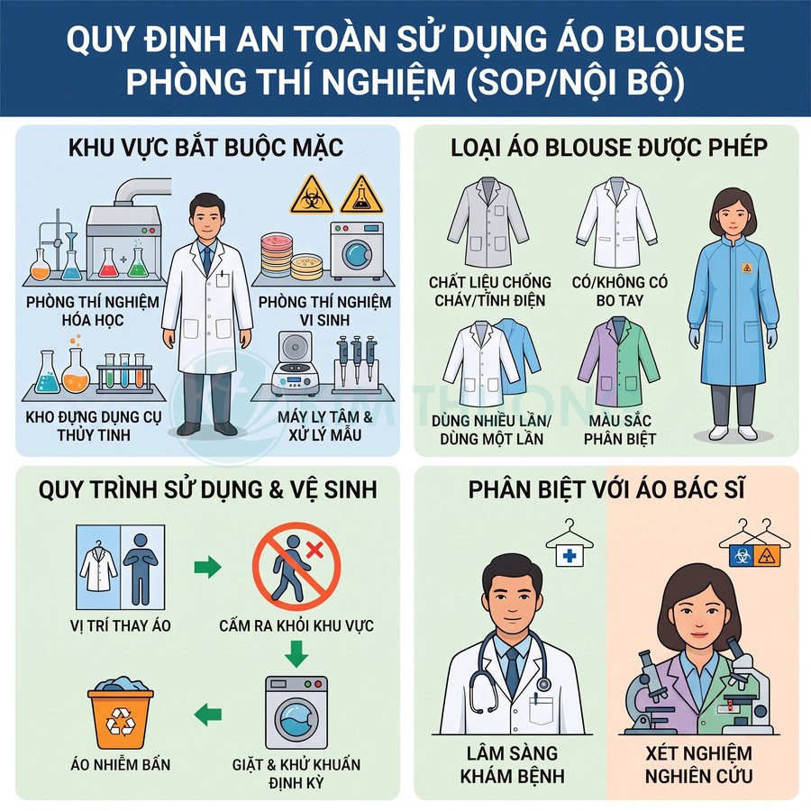 Quy định sử dụng áo blouse phòng thí nghiệm an toàn, các loại áo được phép và cách vệ sinh định kỳ