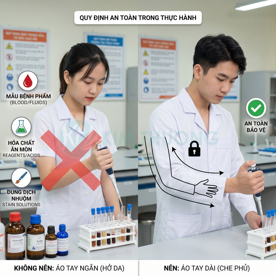Quy định an toàn phòng thí nghiệm so sánh áo blouse tay ngắn và áo blouse tay dài khi thao tác pipet