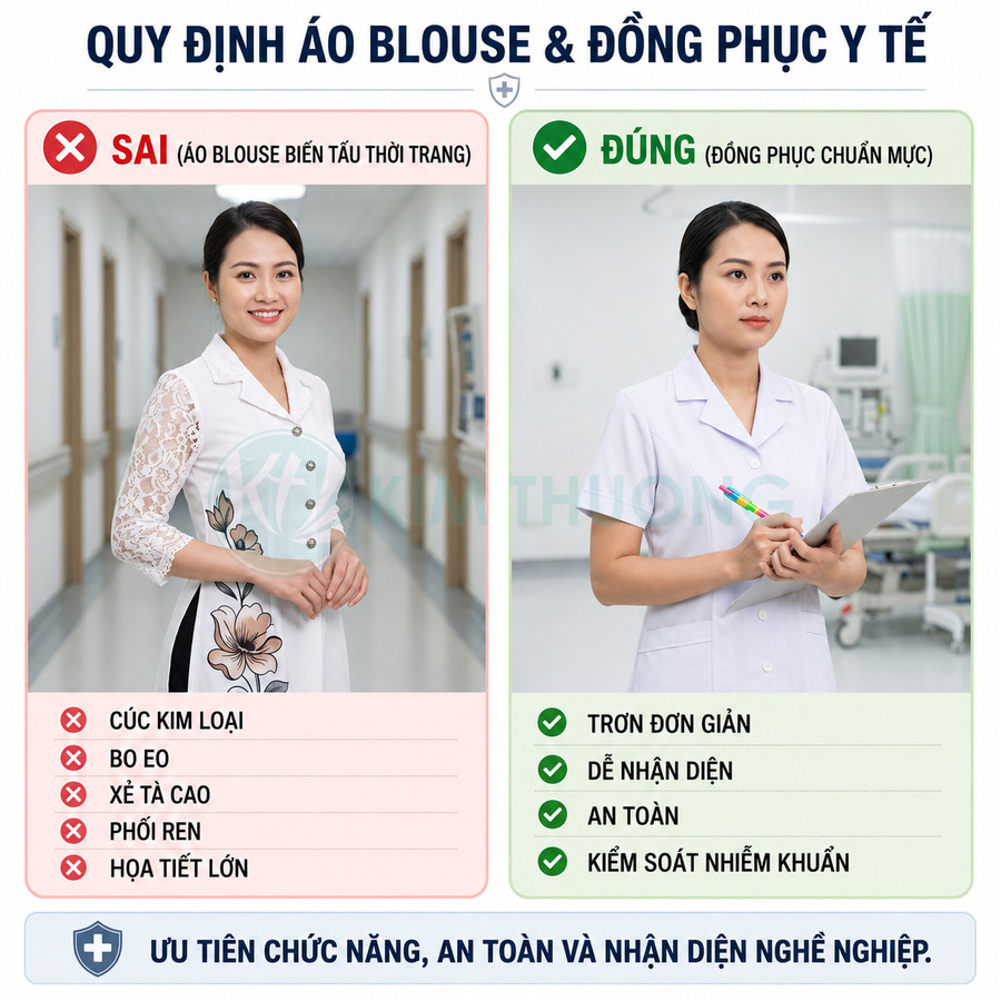 So sánh áo blouse thời trang sai quy định và áo blouse y tế chuẩn mực trong bệnh viện