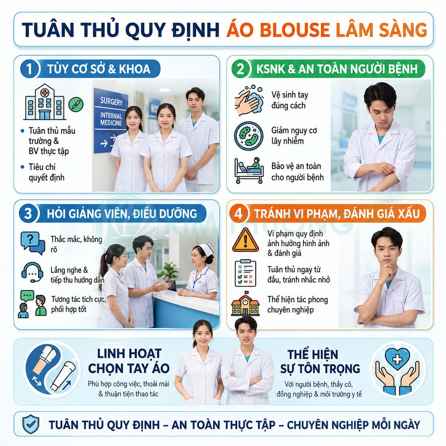 Sinh viên y khoa mặc áo blouse trắng thực tập lâm sàng, tuân thủ quy định an toàn và tác phong chuyên nghiệp